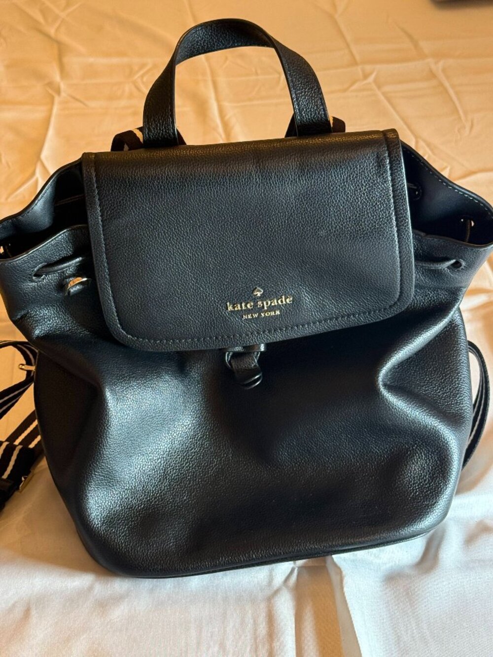 Kate Spade Black Pebbled Leather Drawstring Backpack  w/Canvas Straps Good Cond.